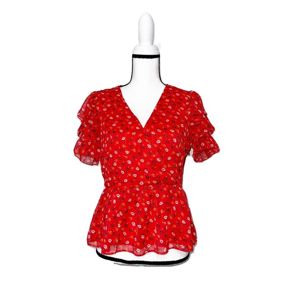 Madewell Tops - Madewell Red Floral Tiered Sleeve Peplum Blouse Top Womens Size 6